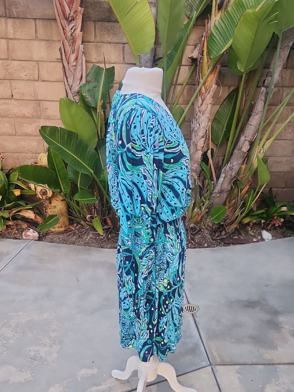 Lilly Pulitzer Tally Smocked Dress Catty Purrsonality Blue Long Sleeve Medium - Picture 3 of 11